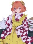  1girl absurdres apron bell book checkered_clothes checkered_kimono clothes_writing commission glasses hair_bell hair_ornament highres holding holding_book japanese_clothes jingle_bell kimono long_sleeves looking_at_viewer motoori_kosuzu mugi_(mugimugi_9kv) red_eyes redhead round_eyewear short_hair simple_background skeb_commission solo touhou two_side_up white_background wide_sleeves yellow_apron 
