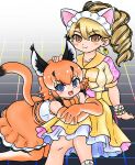  2girls animal_ears blonde_hair bow bowtie brown_eyes caracal_(kemono_friends) caracal_ears dress edamamezooooo elbow_gloves extra_ears gems_company gloves ichimonji_maya kemono_friends kemono_friends_v_project kneehighs long_hair looking_at_viewer multiple_girls orange_hair shirt simple_background skirt sleeveless sleeveless_shirt socks tail virtual_youtuber 