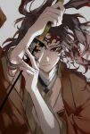  1boy absurdres brown_hair brown_jacket brown_shirt closed_mouth earrings eyeshadow facial_tattoo fingernails grey_background hands_up highres holding holding_sword holding_weapon jacket japanese_clothes jewelry kamado_tanjirou katana kimetsu_no_yaiba long_hair long_sleeves looking_at_viewer makeup male_focus mzc1785 open_clothes open_jacket ponytail red_eyes red_eyeshadow shirt simple_background single_earring solo sun_symbol sword tattoo weapon wide_sleeves 