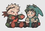  ! +_+ 2boys :o aged_down bakugou_katsuki black_mask black_outline black_pants blonde_hair blush bodysuit boku_no_hero_academia boots bright_pupils clenched_hands colored_shoe_soles commentary excited explosive eye_mask freckles full_body gaagyeo gloves green_bodysuit green_eyes green_gloves green_hair green_mask grenade grey_background high_collar highres knee_pads looking_at_another male_focus mask mask_on_head midoriya_izuku multiple_boys open_hands open_mouth orange_gloves outline outstretched_arms outstretched_hand pants pouch red_eyes shoe_soles short_hair simple_background sitting slit_pupils sparkle sparkling_eyes spiky_hair thick_outlines toddler twitter_username two-tone_gloves v-shaped_eyebrows white_gloves white_pupils x 