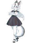  1girl :&lt; animal_ear_fluff animal_ears animal_nose black_bow black_footwear black_hair black_skirt blue_eyes blush body_fur bow commission crossed_arms fox_ears fox_girl fox_tail frown full_body furry furry_female high_heels highres looking_at_viewer multicolored_hair nekono_minmi_(artist) nelly_(nonoka917) off-shoulder_shirt off_shoulder original second-party_source shirt skeb_commission skirt streaked_hair tail walking white_background white_fur white_hair white_shirt 