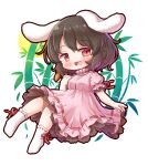  animal_ears arinu bamboo black_hair blush breasts chibi dress floppy_ears frilled_dress frilled_sleeves frills full_body highres inaba_tewi pink_dress puffy_short_sleeves puffy_sleeves rabbit_ears rabbit_girl red_eyes ribbon-trimmed_dress ribbon-trimmed_legwear ribbon-trimmed_sleeves ribbon_trim short_hair short_sleeves simple_background small_breasts socks touhou wavy_hair white_background white_socks 