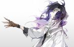  1boy bandaged_head bandages black_shirt brown_gloves claws coat erm_(doubledream) from_side gloves granblue_fantasy hair_over_one_eye highres lab_coat long_hair looking_ahead male_focus open_clothes open_coat orologia_(male) outstretched_hand parted_lips profile purple_hair shirt signature simple_background solo upper_body violet_eyes white_background white_coat 