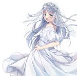  168_azusa 1girl :d absurdres alternate_costume bare_shoulders bridal_veil commentary_request dress from_side green_eyes grey_hair head_wreath highres index_(toaru_majutsu_no_index) light_blush long_hair looking_at_viewer off-shoulder_dress off_shoulder short_sleeves skirt_hold smile solo toaru_majutsu_no_index veil wedding_dress white_background white_dress white_veil 