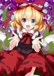  1girl black_shirt blonde_hair blue_eyes blush collared_shirt flower frilled_shirt_collar frills hair_between_eyes hair_ribbon highres lily_of_the_valley looking_at_viewer medicine_melancholy open_mouth red_ribbon red_skirt ribbon ruu_(tksymkw) shirt short_hair short_sleeves skirt smile solo touhou white_flower 