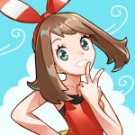  1girl bow_hairband brown_hair clouds commentary_request eyelashes fanny_pack ffccll grin hairband hand_up highres looking_at_viewer may_(pokemon) outdoors pokemon pokemon_(game) pokemon_oras shirt sky sleeveless sleeveless_shirt smile solo teeth upper_body v wind yellow_bag 