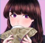  1girl absurdres baozi blush brown_hair covering_mouth food hands_up highres long_hair looking_at_viewer original pink_background portrait purple_nails shadow shinkoku simple_background solo violet_eyes 