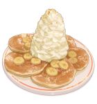  banana banana_slice food food_focus fruit highres no_humans original pancake plate powdered_sugar shadow simple_background still_life sweets user_wfxj3475 whipped_cream white_background 