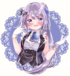  1girl :d black_bow blue_eyes blue_flower blue_rose blue_vest blush bow braid buttons collared_shirt cropped_torso doily dot_nose flower frilled_sleeves frills gloves grey_hair grey_jabot hair_bow hair_bun hair_flower hair_intakes hair_ornament hands_up highres lapels long_hair magia_record:_mahou_shoujo_madoka_magica_gaiden magical_girl mahou_shoujo_madoka_magica neck_flower open_mouth outline ponytail rose sakura_romu shirt short_sleeves side_braid sidelocks simple_background single_hair_bun smile solo swept_bangs twitter_username two-tone_background upper_body very_long_hair vest white_gloves white_outline white_shirt yakumo_mitama 