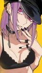  1girl black_bra black_headwear black_nails bra breasts chainsaw_man earrings fami_(chainsaw_man) hand_up hat highres jewelry looking_at_viewer medium_breasts medium_hair mole mole_under_eye mole_under_mouth parted_lips pull_cord purple_hair ring ringed_eyes sailen0 sidelocks simple_background solo underwear upper_body violet_eyes yellow_background 