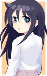  1girl black_hair blue_eyes bright_pupils collared_shirt commentary from_behind hair_between_eyes hospital_king kuroki_tomoko long_bangs long_hair looking_at_viewer looking_back open_mouth orange_background ringed_eyes shirt solo two-tone_background upper_body watashi_ga_motenai_no_wa_dou_kangaetemo_omaera_ga_warui! white_background white_pupils white_shirt 