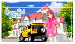  1girl brown_hair car closed_eyes commentary_request copyright_name eyelashes happy hijiri_ageha hirogaru_sky!_precure hood hoodie hummer_h2 jacket kamikita_futago long_hair looking_at_viewer motor_vehicle official_art pink_hoodie pink_jacket precure smile solo standing 