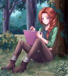  1girl blue_shirt boots braid brown_footwear brown_pants closed_mouth collarbone commentary drawing english_commentary forest grass green_jacket highres holding holding_notebook holding_pen jacket laeryel leaf leah_(stardew_valley) long_hair nature notebook open_clothes open_jacket orange_hair outdoors pants pen shirt sleeves_rolled_up smile solo stardew_valley suspenders tree twitter_username violet_eyes 