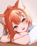  1girl :d aki_uzuki3 animal_ears braid crown_braid earrings extra_ears fang highres jewelry looking_at_viewer multiple_earrings nijisanji open_mouth orange_eyes orange_hair raccoon_ears raccoon_girl raccoon_hair_ornament ratna_petit shirt short_sleeves skin_fang smile virtual_youtuber white_shirt 