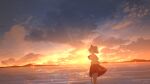  1girl animal_ears cat_ears cat_girl cat_tail closed_eyes closed_mouth clouds hands_on_own_chest highres horizon original outdoors red_skirt rune_xiao scenery shirt short_hair skirt sky solo standing sunset tail white_hair white_shirt 