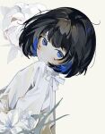  1girl absurdres black_hair blue_eyes blue_hair blush bob_cut closed_mouth colored_inner_hair cowlick dutch_angle flower from_behind highres long_bangs long_sleeves looking_at_viewer multicolored_hair original shirt simple_background solo toasu white_background white_flower white_shirt 