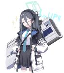  1girl aris_(blue_archive) black_hair blue_archive closed_eyes english_text highres jacket looking_at_viewer school_uniform simple_background solo thighs white_background white_jacket xy_wang 
