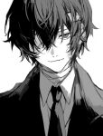  1boy bandage_over_one_eye bandages bandaid bandaid_on_face bungou_stray_dogs closed_mouth collared_jacket collared_shirt dazai_osamu_(bungou_stray_dogs) formal greyscale hair_between_eyes jacket long_sleeves looking_at_viewer male_focus monochrome mzc1785 necktie open_clothes open_jacket shirt short_hair simple_background smile solo suit 