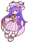 1girl blunt_bangs book bow closed_mouth crescent crescent_hat_ornament dress embodiment_of_scarlet_devil footwear_bow full_body hair_bow hat hat_ornament holding holding_book long_hair looking_at_viewer mob_cap patchouli_knowledge pink_dress pink_footwear pink_headwear purple_hair puyopuyo red_bow shinmon_akika simple_background solo striped striped_dress touhou vertical-striped_dress vertical_stripes violet_eyes white_background yellow_bow