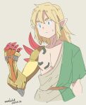  1boy artist_name belt blonde_hair dated earrings gauntlets highres jewelry kichihachi link long_hair male_focus pointy_ears scryed shell_bullet shoulder_spikes single_gauntlet spikes the_legend_of_zelda the_legend_of_zelda:_tears_of_the_kingdom toga 