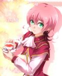  1boy ascot cup green_eyes holding holding_plate iii_(yu-gi-oh!) looking_at_viewer medium_hair mugicha_(sukimachaya) pink_hair plate smile solo spoon teacup upper_body yu-gi-oh! yu-gi-oh!_zexal 