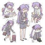  1girl black_skirt calculator cellphone chair cigarette coffee_mug constricted_pupils cup flying_sweatdrops hiiragi_kagami holding holding_cigarette holding_phone lanyard lucky_star medium_skirt mug name_tag office_chair office_lady pencil_skirt phone purple_hair rolling_suitcase sitting skirt smartphone suitcase swivel_chair truffleduster twintails 