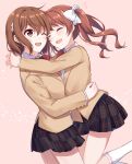  2girls :d ;d black_skirt blazer bow bowtie brown_eyes brown_hair brown_jacket closed_eyes collared_shirt commentary_request hair_between_eyes hair_bow hair_ornament hairpin happy hug jacket kneehighs long_hair long_sleeves misaka_mikoto multiple_girls nemu_mohu one_eye_closed plaid plaid_skirt red_bow red_bowtie school_uniform shirai_kuroko shirt short_hair simple_background skirt smile socks toaru_kagaku_no_railgun toaru_majutsu_no_index tokiwadai_school_uniform twintails white_bow white_shirt white_socks winter_uniform 