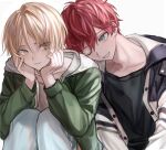  2boys amagi_hiiro aqua_eyes black_shirt blonde_hair closed_mouth commentary_request ensemble_stars! green_eyes hands_on_own_face hood hood_down jacket knees_up long_sleeves male_focus multiple_boys muuyiie one_eye_closed open_clothes open_jacket redhead shiratori_aira_(ensemble_stars!) shirt short_hair teeth white_background 