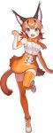  1girl animal_ears blue_eyes caracal_(kemono_friends) full_body game_cg kemono_friends kemono_friends_kingdom long_hair looking_at_viewer official_art open_mouth orange_skirt orange_thighhighs shirt shoes skirt sleeveless solo tachi-e thigh-highs transparent_background white_shirt 