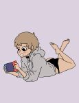  1girl absurdres choker full_body highres incredibly_absurdres lying nintendo_switch panties playing_games short_hair simple_background sweater underwear 