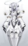  1girl absurdres aokuma_(yuuran_create) armor arms_at_sides drone green_eyes grey_background halo head_tilt headgear highres long_hair looking_at_viewer mask mecha_musume mouth_mask original science_fiction solo white_hair 