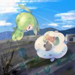  :o absurdres brown_eyes building clouds commentary_request day eye_contact highres light_rays looking_at_another mud no_humans open_mouth outdoors petilil piper_for_indroid pokemon pokemon_(creature) sapling sky soil whimsicott 