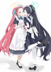  2girls :d absurdres apron aris_(blue_archive) aris_(maid)_(blue_archive) black_footwear black_hair blue_archive blue_eyes cheek-to-cheek fangfangtu forehead full_body halo heads_together highres holding_hands interlocked_fingers long_hair looking_at_viewer maid maid_apron maid_headdress multiple_girls official_alternate_costume open_mouth pantyhose ponytail puffy_short_sleeves puffy_sleeves redhead shadow shoes short_sleeves simple_background smile standing standing_on_one_leg very_long_hair violet_eyes white_apron white_background white_pantyhose yuzu_(blue_archive) yuzu_(maid)_(blue_archive) 