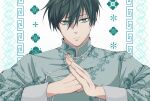  1boy aqua_eyes blue_lock chinese_clothes clenched_hand closed_mouth commentary_request fingernails flower green_hair hair_between_eyes highres itoshi_rin long_sleeves looking_at_viewer male_focus may_(illust_man_2020) short_hair solo 