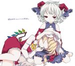  2girls ascot blonde_hair blue_dress check_translation closed_eyes crystal crystal_wings curly_hair dress flandre_scarlet hand_on_another&#039;s_head hand_on_own_thigh hat highres horn_ornament horn_ribbon horns lap_pillow looking_at_another mob_cap multiple_girls patterned_clothing red_eyes red_horns red_skirt red_sleeves red_vest ribbon sato_imo sheep_horns side_ponytail sitting skirt sleeping touhou toutetsu_yuuma translation_request vest wariza white_hair wings yellow_ascot 