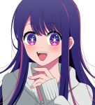  1girl :d anime_coloring blush commentary fuyu_nur highres hood hoodie hoshino_ai_(oshi_no_ko) long_hair long_sleeves looking_at_viewer multicolored_hair open_mouth oshi_no_ko pink_hair purple_hair sidelocks simple_background smile solo star-shaped_pupils star_(symbol) streaked_hair swept_bangs symbol-shaped_pupils teeth upper_body upper_teeth_only violet_eyes white_background white_hoodie 
