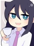  1girl black_hair blue_eyes blush bright_pupils collared_shirt commentary cup grey_background hair_between_eyes holding holding_cup hospital_king kuroki_tomoko long_bangs long_hair long_sleeves looking_at_viewer necktie open_mouth purple_necktie ringed_eyes shirt smile solo teacup two-tone_background upper_body v-shaped_eyebrows watashi_ga_motenai_no_wa_dou_kangaetemo_omaera_ga_warui! white_background white_pupils white_shirt 