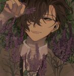  1boy artist_name ashlioxx bandaged_arm bandaged_neck bandages black_eyes blue_gemstone brown_hair brown_jacket bungou_stray_dogs closed_mouth collared_shirt dazai_osamu_(bungou_stray_dogs) flower gem grass hair_between_eyes hair_over_one_eye hand_up highres jacket jewelry leaf long_sleeves looking_up lying male_focus necklace on_back purple_flower shirt short_hair smile solo upper_body white_shirt 