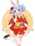  1girl 2020 absurdres animal_ear_fluff animal_ears blue_hair blush breasts carrot don-chan_(usada_pekora) double_bun english_text foot_out_of_frame foot_up fur_scarf hair_bun hair_ornament happy_new_year highres hikimayu hololive japanese_clothes kimono looking_at_viewer multicolored_hair obijime okobo open_mouth orange_eyes pom_pom_(clothes) rabbit-shaped_pupils rabbit_ears rabbit_girl red_kimono sash short_eyebrows short_hair_with_long_locks short_kimono sidelocks small_breasts socks solo streaked_hair symbol-shaped_pupils tabi teeth thick_eyebrows tomozu upper_teeth_only usada_pekora virtual_youtuber white_hair white_socks yellow_background yellow_sash 