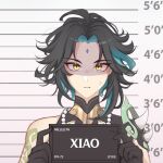  1boy ahoge anger_vein arm_tattoo armor barbie_mugshot_(meme) black_gloves black_hair blue_hair character_name english_commentary eyeshadow facial_mark forehead_mark genshin_impact gloves gold_trim hands_up holding holding_sign jewelry looking_at_viewer makeup male_focus mandarin_collar meme mugshot multicolored_hair necklace pearl_necklace red_eyeshadow shaded_face shirt shoulder_armor sign single_bare_shoulder solo standing sungodsoleil tattoo teeth two-tone_hair white_shirt xiao_(genshin_impact) yellow_eyes 