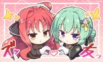  2girls :&lt; ahoge black_jacket black_ribbon chibi commentary_request company_connection crossover double-parted_bangs dracu-riot! eyelashes gloves green_hair hair_between_eyes hair_bun hair_intakes hair_ribbon hakutocake heads_together heart heart_hands heart_hands_duo highres jacket light_blush long_hair long_sleeves looking_at_viewer multiple_girls open_mouth parted_bangs pink_background polka_dot polka_dot_background redhead ribbon short_hair sidelocks simple_background sound_effects sparkle taguchi_hiroko takadate_orie tenshi_souzou very_long_hair violet_eyes voice_actor_connection wavy_hair white_gloves wide_sleeves yarai_miu yellow_eyes yuzu-soft 
