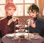  2boys absurdres aqua_eyes black_shirt commentary_request cup curtains dessert ensemble_stars! food green_hair hair_between_eyes heterochromia highres holding holding_cup holding_phone itsuki_shu jewelry kagehira_mika lapels long_sleeves male_focus multiple_boys necklace open_mouth phone pink_hair plate shirt short_hair spoon teeth turtleneck upper_teeth_only valkyrie_(ensemble_stars!) violet_eyes wednesday_108 window yellow_eyes 