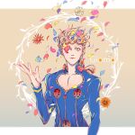  1boy blue_jacket braid bug character_name closed_mouth commentary_request earrings flower giorno_giovanna hand_up jacket jewelry jojo_no_kimyou_na_bouken ladybug lips long_hair long_sleeves male_focus mizudama orange_flower petals solo standing vento_aureo 