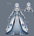  1girl armor blue_eyes blue_flower blue_hair braid chinese_commentary chishahaone commentary_request crown dress drill_hair drill_sidelocks facial_mark flower full_body genshin_impact highres long_dress long_hair official_style original shoulder_armor side_braids sidelocks solo 