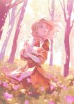  1girl abi_(no.129) absurdres blonde_hair blue_eyes branch dappled_sunlight day dress earrings english_commentary field fire_emblem fire_emblem:_three_houses fire_emblem_warriors:_three_hopes floating_hair flower flower_field forest gloves grass highres holding holding_flower jewelry long_sleeves looking_up medium_hair mercedes_von_martritz nature official_alternate_costume official_alternate_hairstyle on_grass open_mouth outdoors petals sitting smile solo sunlight tree white_gloves wind 