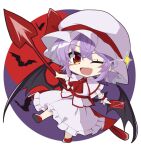  1girl ;d akisome_hatsuka bat_(animal) bat_wings chibi commentary_request fang full_body hair_ribbon hat holding holding_weapon mob_cap one_eye_closed open_mouth purple_hair red_eyes red_footwear red_ribbon remilia_scarlet ribbon shirt short_hair short_sleeves skirt smile solo spear_the_gungnir star_(symbol) touhou weapon white_headwear white_shirt white_skirt wings wrist_cuffs 