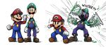  2boys blue_overalls boots brothers brown_footwear brown_hair chainsaw_man clenched_hand clenched_hands facial_hair gloves green_headwear green_shirt hat highres luigi mari_luijiroh mario multiple_boys multiple_views mustache overalls red_headwear red_shirt shirt siblings simple_background super_mario_bros. white_background white_gloves 