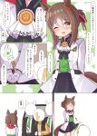  1boy 3girls animal_ears arms_behind_back blush breasts brown_hair clothes_lift clover commentary cuffs fine_motion&#039;s_bodyguard_captain fine_motion_(umamusume) folded_ponytail green_eyes hair_ornament handcuffs highres horse_ears horse_girl horse_tail looking_at_viewer multiple_girls nepty_(silkey_vod) one_eye_closed open_mouth skirt skirt_lift small_breasts t-head_admiral tail trainer_(umamusume) translation_request umamusume uniform 