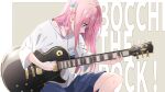  1girl blue_eyes blue_shorts bocchi_the_rock! closed_mouth clothes_writing collarbone copyright_name cube_hair_ornament electric_guitar eyes_visible_through_hair gotou_hitori guitar hair_ornament highres holding holding_instrument instrument long_hair music one_side_up pink_hair playing_instrument profile shigure_(sigre) shirt short_sleeves shorts solo twitter_username white_shirt 