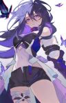1girl absurdres ahoge artist_name bare_shoulders black_shorts breasts bug butterfly closed_mouth covered_navel highres honkai:_star_rail honkai_(series) leonie28 long_hair looking_at_viewer purple_butterfly purple_hair seele_(honkai:_star_rail) shorts simple_background solo violet_eyes white_background